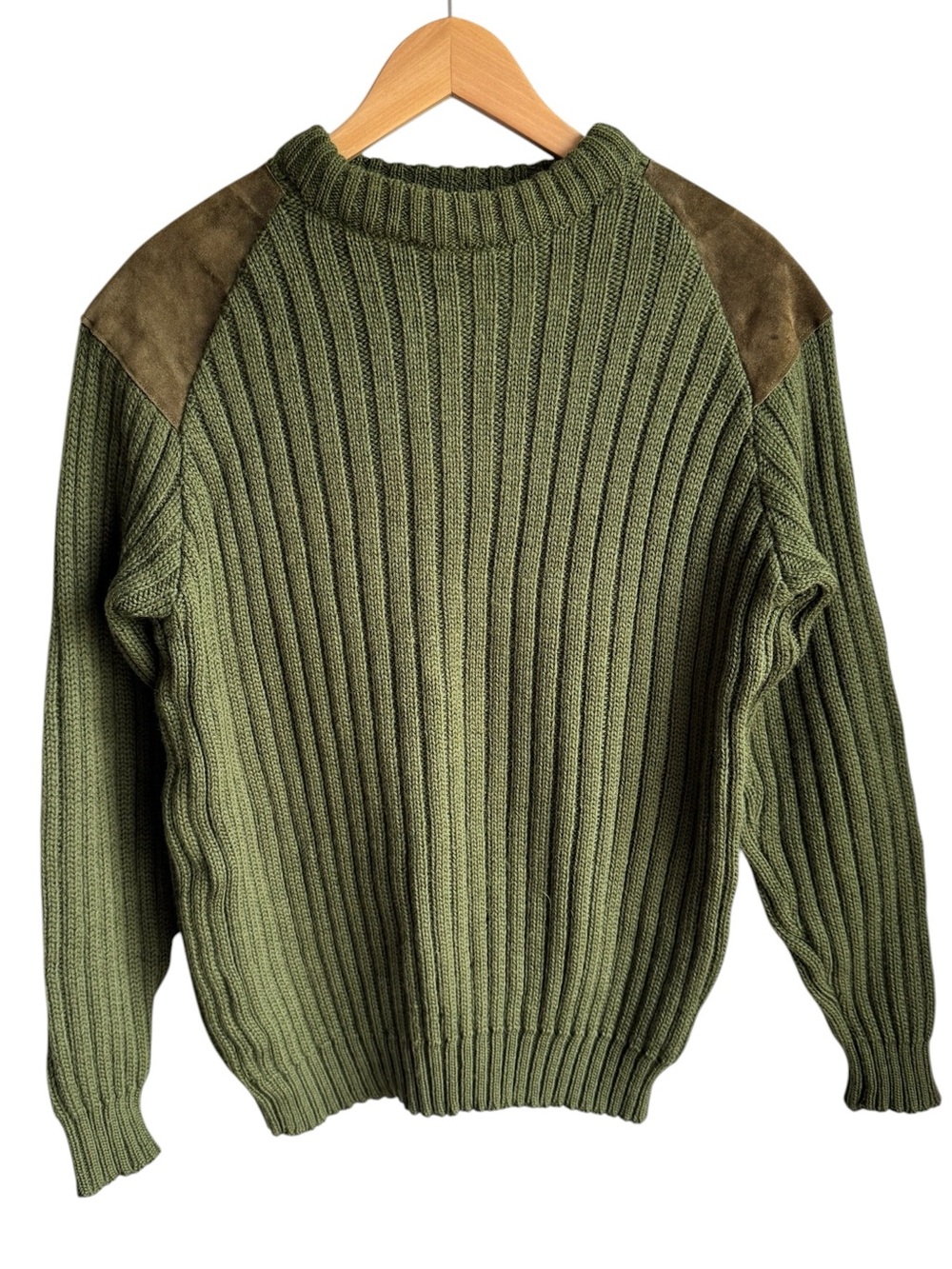 Vintage 100% Wool Sweater Mens Large Olive Green Elbow Patch British Outdoorsman